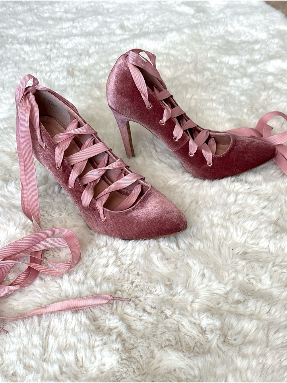 Women's pink ballet Lace-Up velvet Heels - Pink
